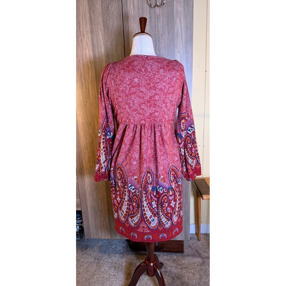455. Boho Womens XL Red Paisley Embroidered V-Neck Boho Tunic Mini Dress - Picture 4 of 6